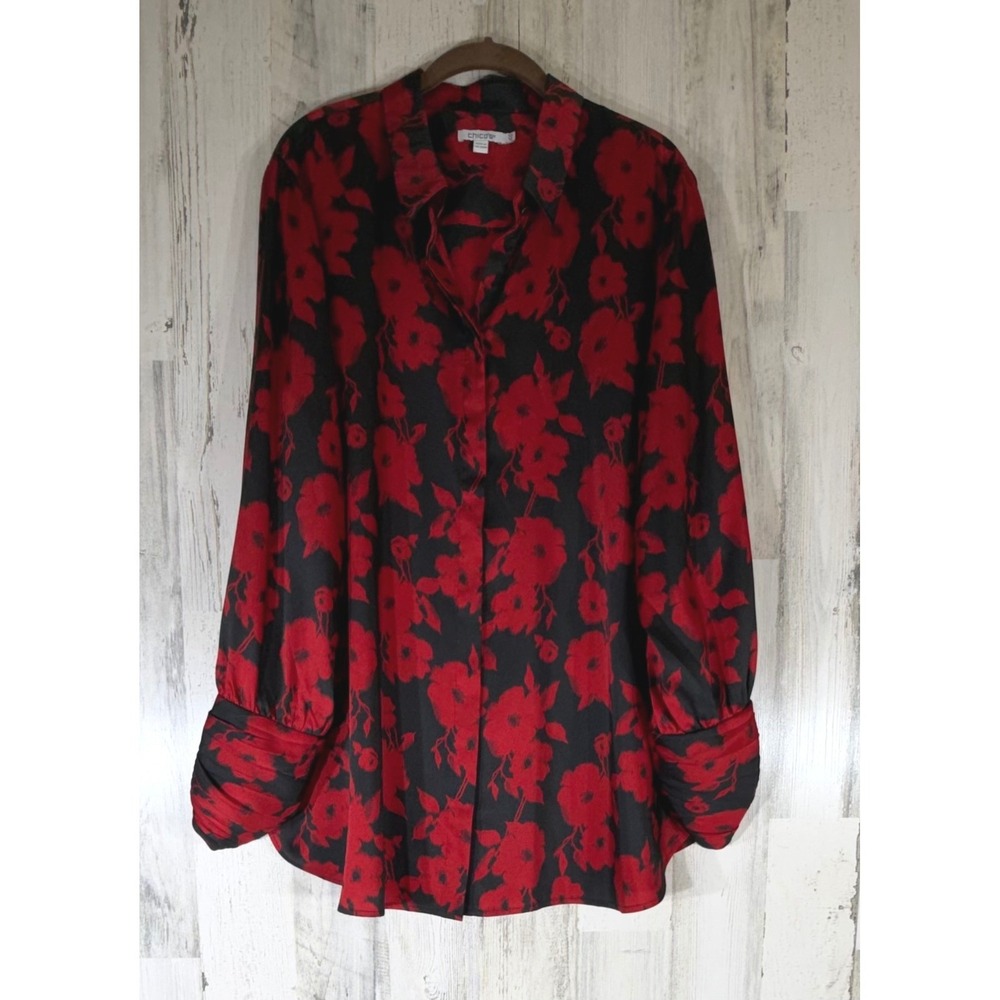 Chicos Button Down Blouse Size 3.5 US 18 Red Black Floral Ruched Zip Cuff Tunic
